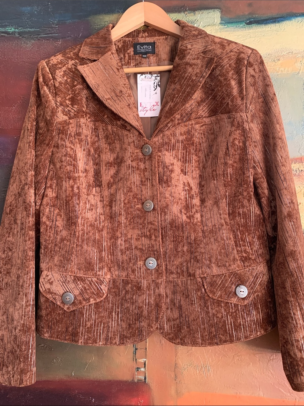 Evita Collection Vintage Copper Velvet Metallic Striped Blazer Jacket Size 8-10